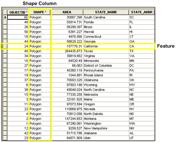 Feature class table showing the shape column